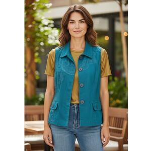 Chico’s Embroidered Button Front Vest Teal Blue Size 1 (M) 100% Cotton